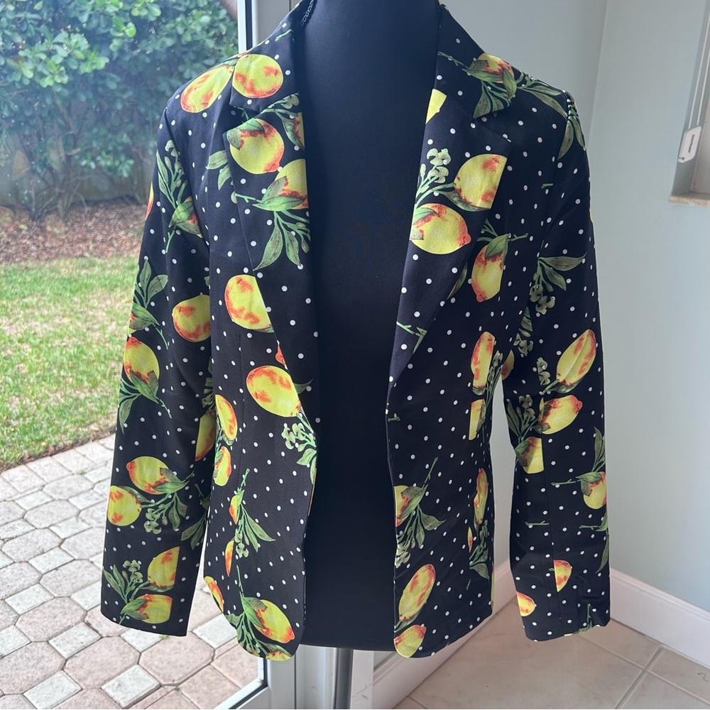 Allegra K Black Blazer with Yellow Lemon Print